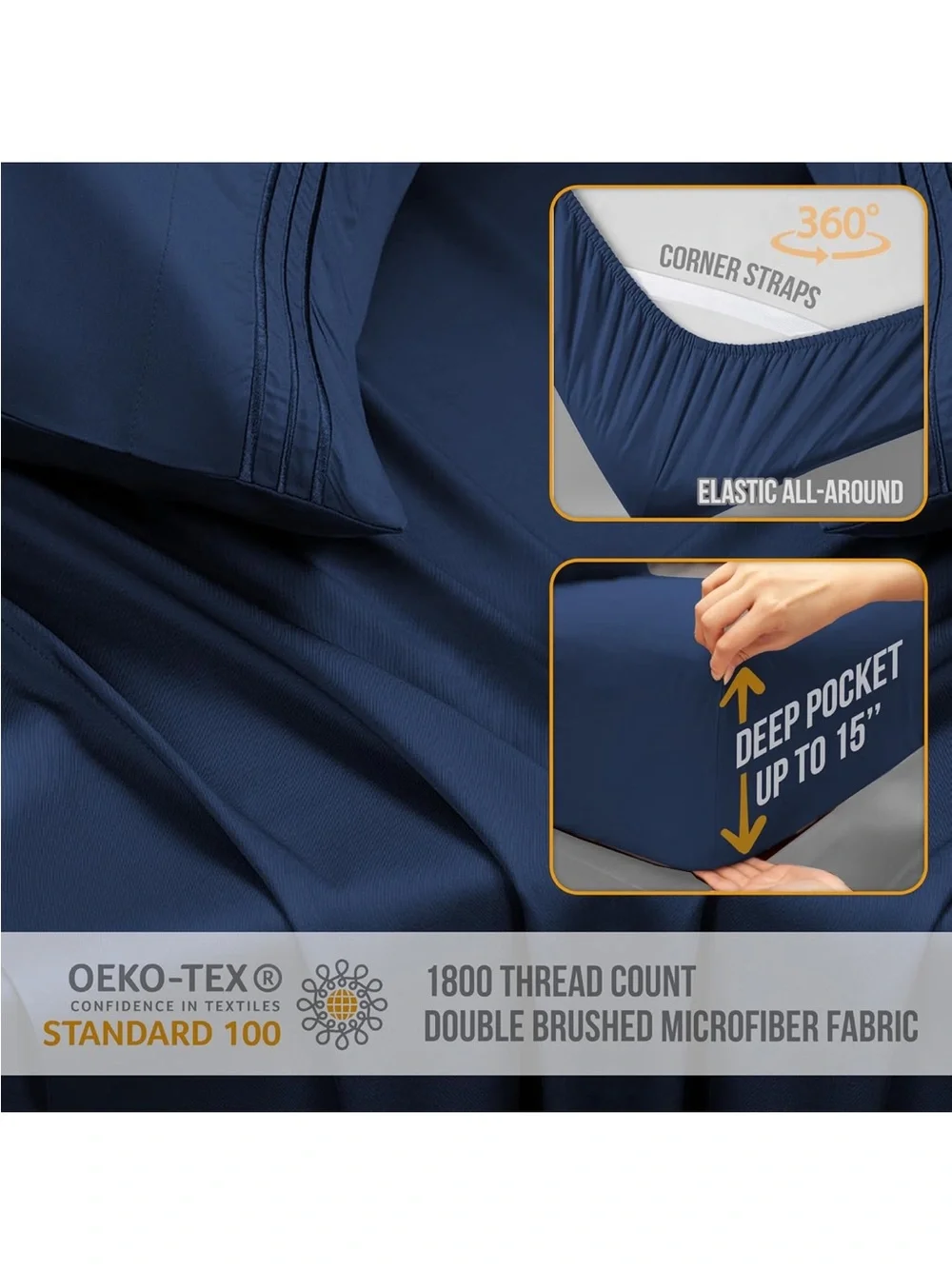 NEW Abeero Home King Size Sheets Set with Elastic Corner Straps -4pc Navy Blue
